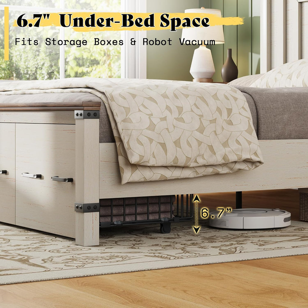 AMERLIFE Farmhouse King Size Bed Frame with 51' Tall Geometric Headboard & Footboard, Rustic Wood Platform Bed Frame/w 3 Large Storage Drawers, Wood Slats Support, No Box Spring Needed, Rustic White