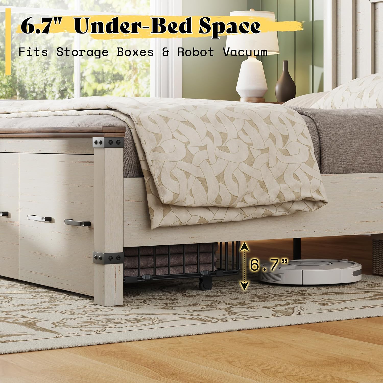 AMERLIFE Farmhouse King Size Bed Frame with 51' Tall Geometric Headboard & Footboard, Rustic Wood Platform Bed Frame/w 3 Large Storage Drawers, Wood Slats Support, No Box Spring Needed, Rustic White
