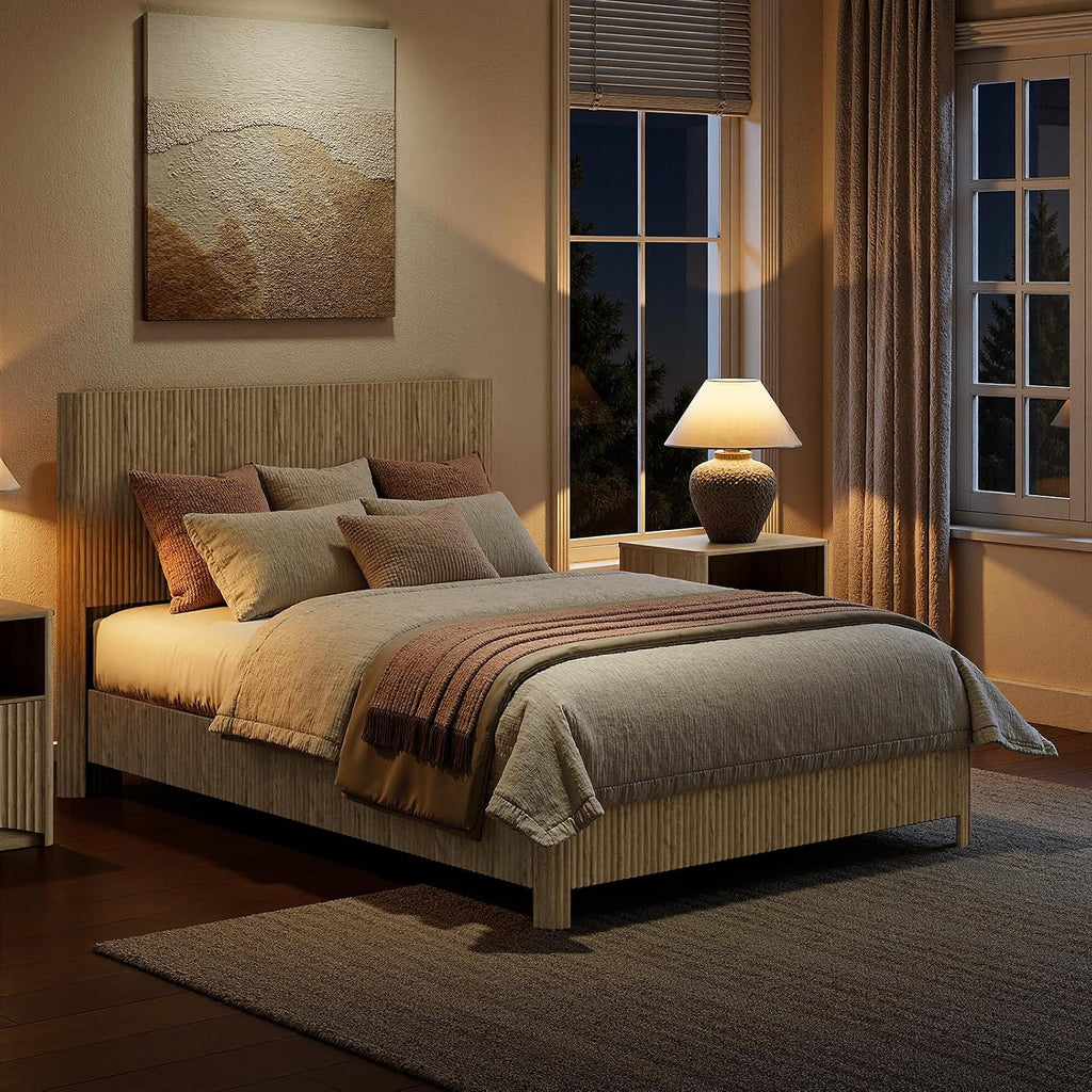 Evermagin Oak Full Bed Frame with Headboard, Mid Century Modern Fluted Platform Bed, Boho Wooden Bed Base No Box Spring Needed, Wavy Grooved Panel