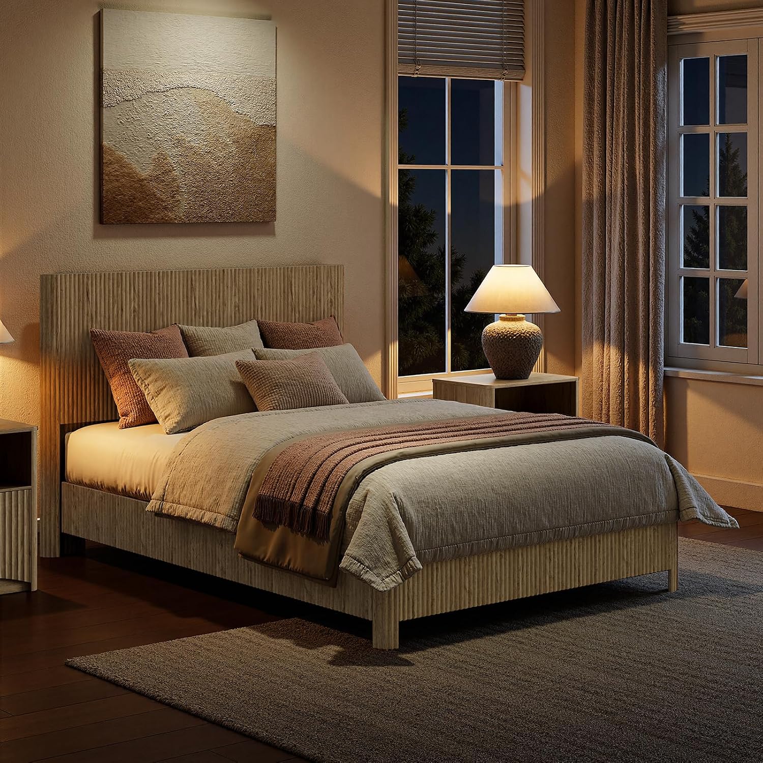 Evermagin Oak Full Bed Frame with Headboard, Mid Century Modern Fluted Platform Bed, Boho Wooden Bed Base No Box Spring Needed, Wavy Grooved Panel