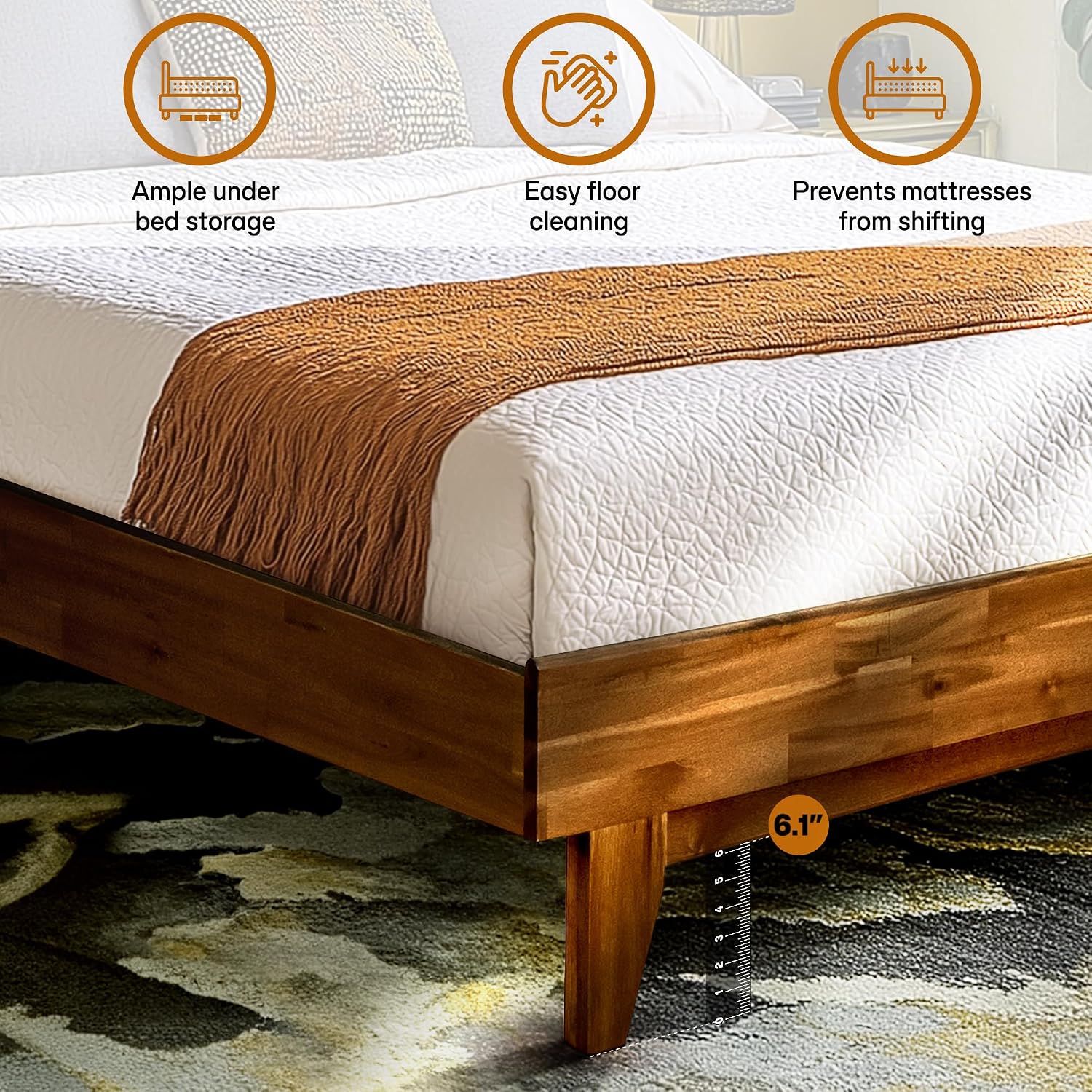 Acacia Aurora Wooden Bed with Headboard, Queen Size Bed Frame, 800lbs Capacity Wood Bed Compatible with All Mattress Types, Non-Slip & Noise-Free, Wood Slats Support, Easy Assembly, Walnut