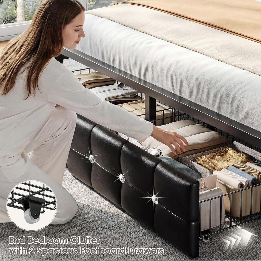 Homkdom Full Size Bed Frame with Hidden Storage Headboard & 4 Drawers,Diamond-Tufted Upholstered Leather Bed Frame Full with LED Lights & Charging Station,No Box Spring Needed,Modern Black