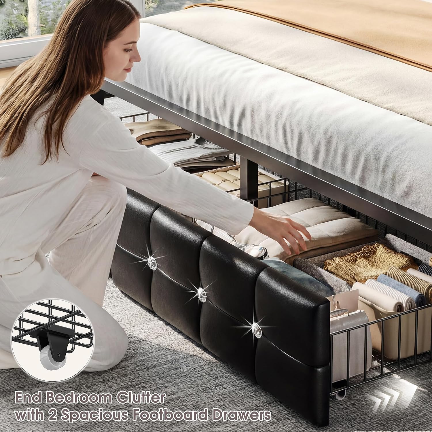 Homkdom Full Size Bed Frame with Hidden Storage Headboard & 4 Drawers,Diamond-Tufted Upholstered Leather Bed Frame Full with LED Lights & Charging Station,No Box Spring Needed,Modern Black