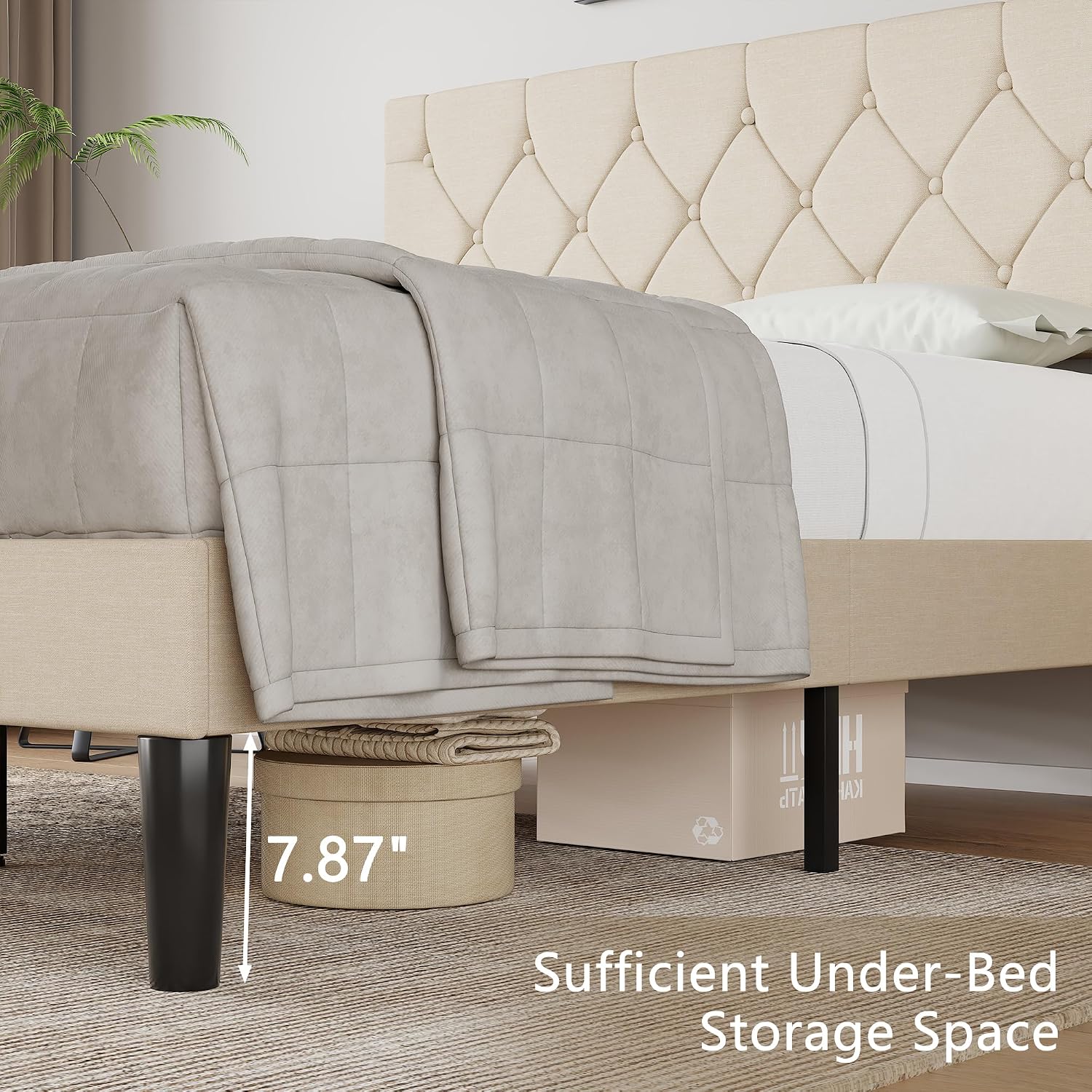 VECELO Queen Bed Frame with Button Tufted Headboard, Upholstered Platform with Wooden Slat Support, No Box Spring Needed, Cream Beige