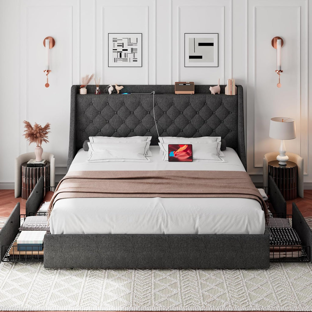 iPormis Full Size Bed Frame with 4 Storage Drawers, Upholstered Platform Bed Frame with Type-C & USB Ports, Wingback Storage Headboard, Solid Wood Slats, No Box Spring Needed, Dark Gray