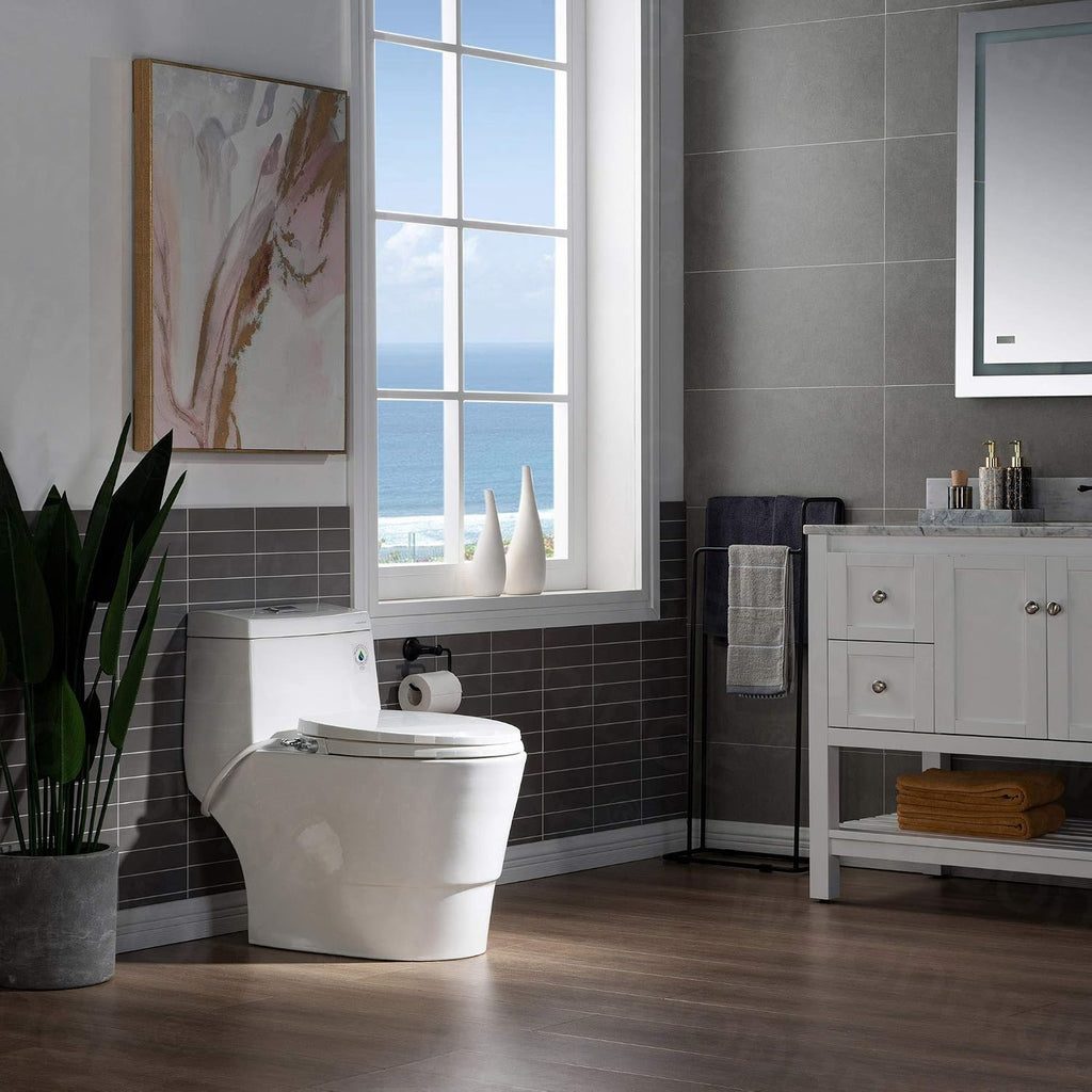 WOODBRIDGE One Piece 1.1GPF/1.6 GPF Dual Flush Elongated Toilet with Non-Electric Bidet Seat in White