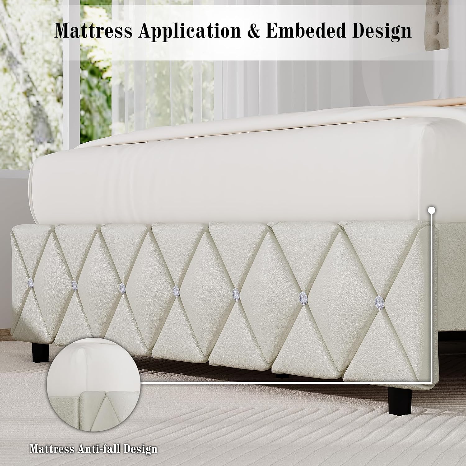 BarnFurin Queen Bed Frame with Diamond Tufted Headboard, Faux Leather Upholstered Bed with Wooden Slats Support, No Box Spring Needed, Mattress Foundation, Easy Assembly, Cream