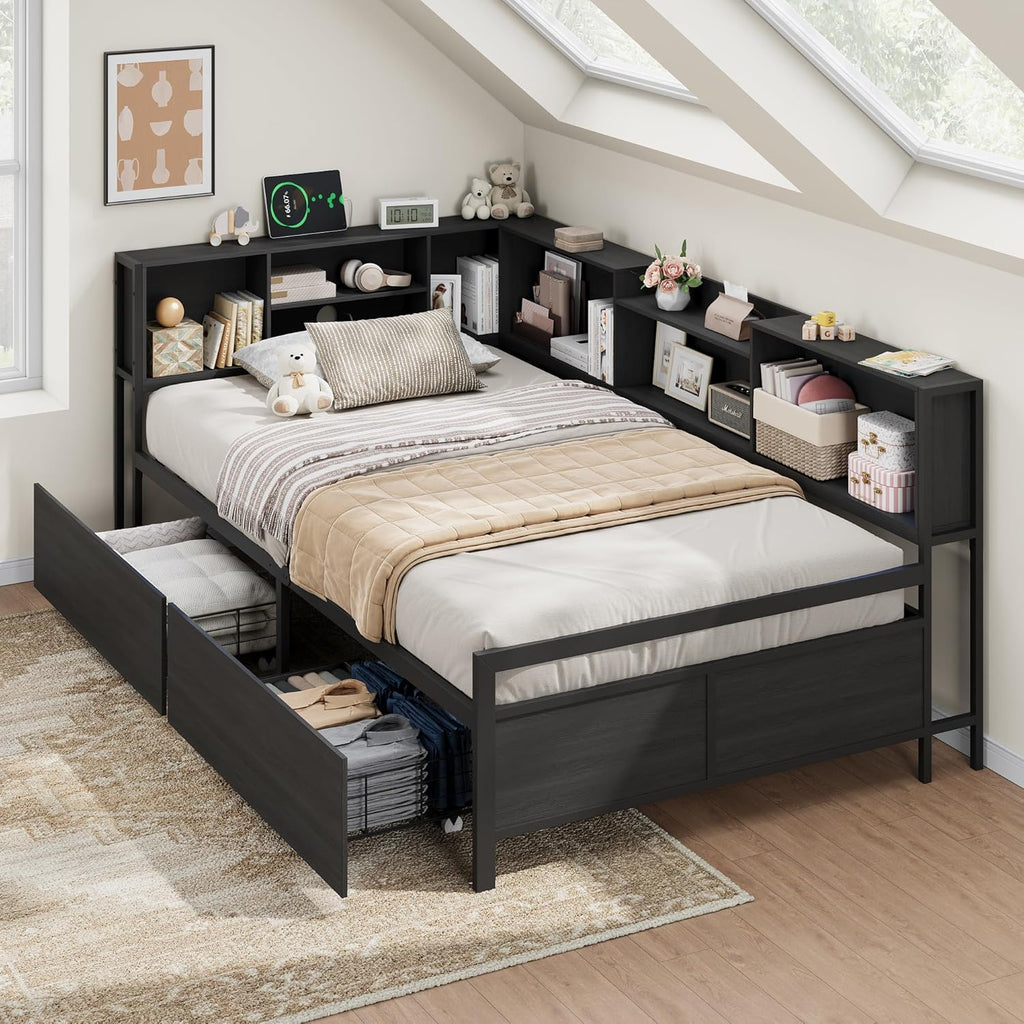 Corner Bed Frame with High Footboard Design, Twin Size Bed Frame with 2 Storage Drawers and 8 Bookcases, Twin Size Daybed with Charging Station for Kids Teens