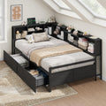 Corner Bed Frame with High Footboard Design, Twin Size Bed Frame with 2 Storage Drawers and 8 Bookcases, Twin Size Daybed with Charging Station for Kids Teens