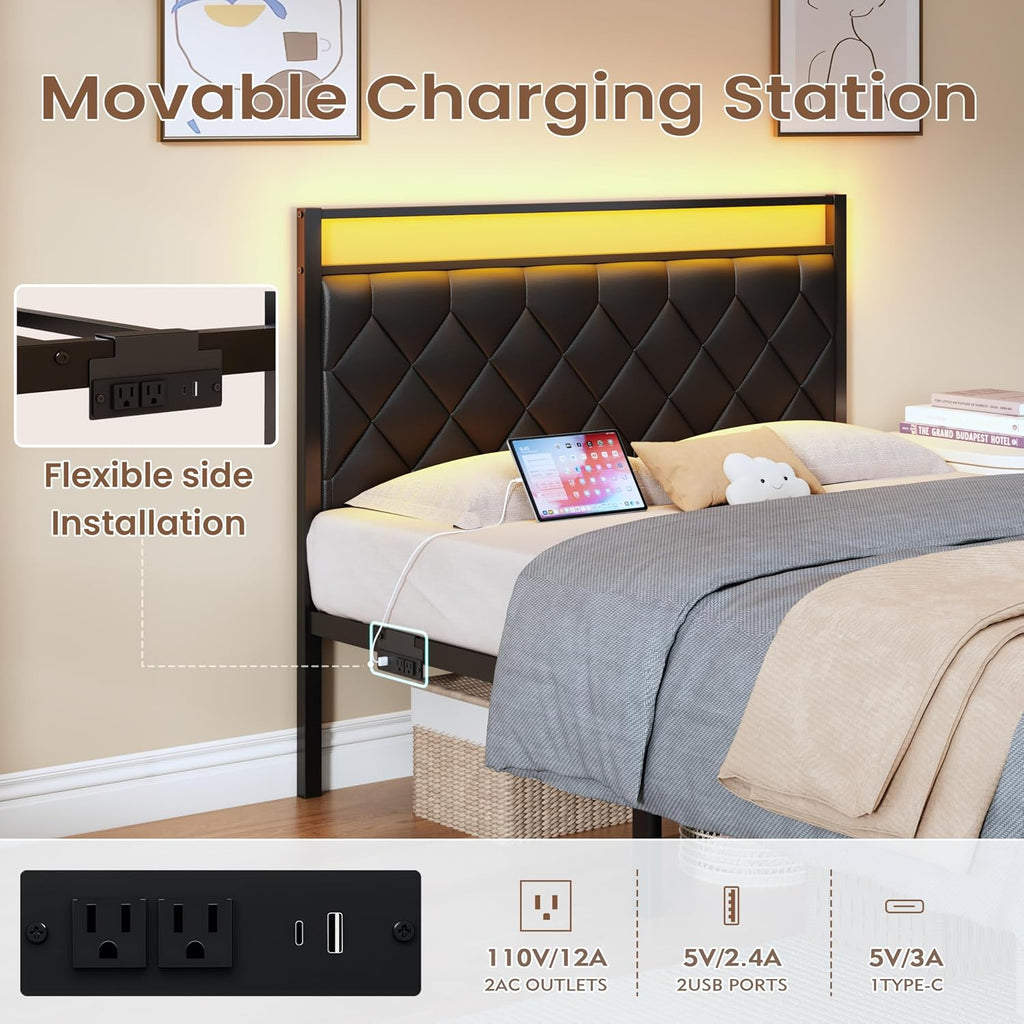Full Size Bed Frame with Headboard, Modern Metal Bed Frame with LED Lights & Charging Station, PU Leather Upholstered Headboard, All Metal Slats Support, No Boxing Spring Needed, Noise Free, Black