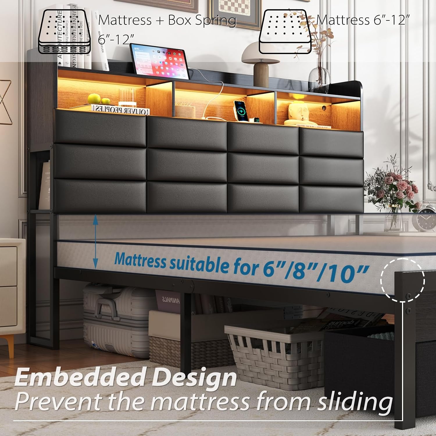 Queen Bed Frame with Storage Headboard, Upholstered Black Bed Frame with 4 Drawers, LED Lights, and Charging Station, Heavy-Duty Metal Slats Support, Noise-Free