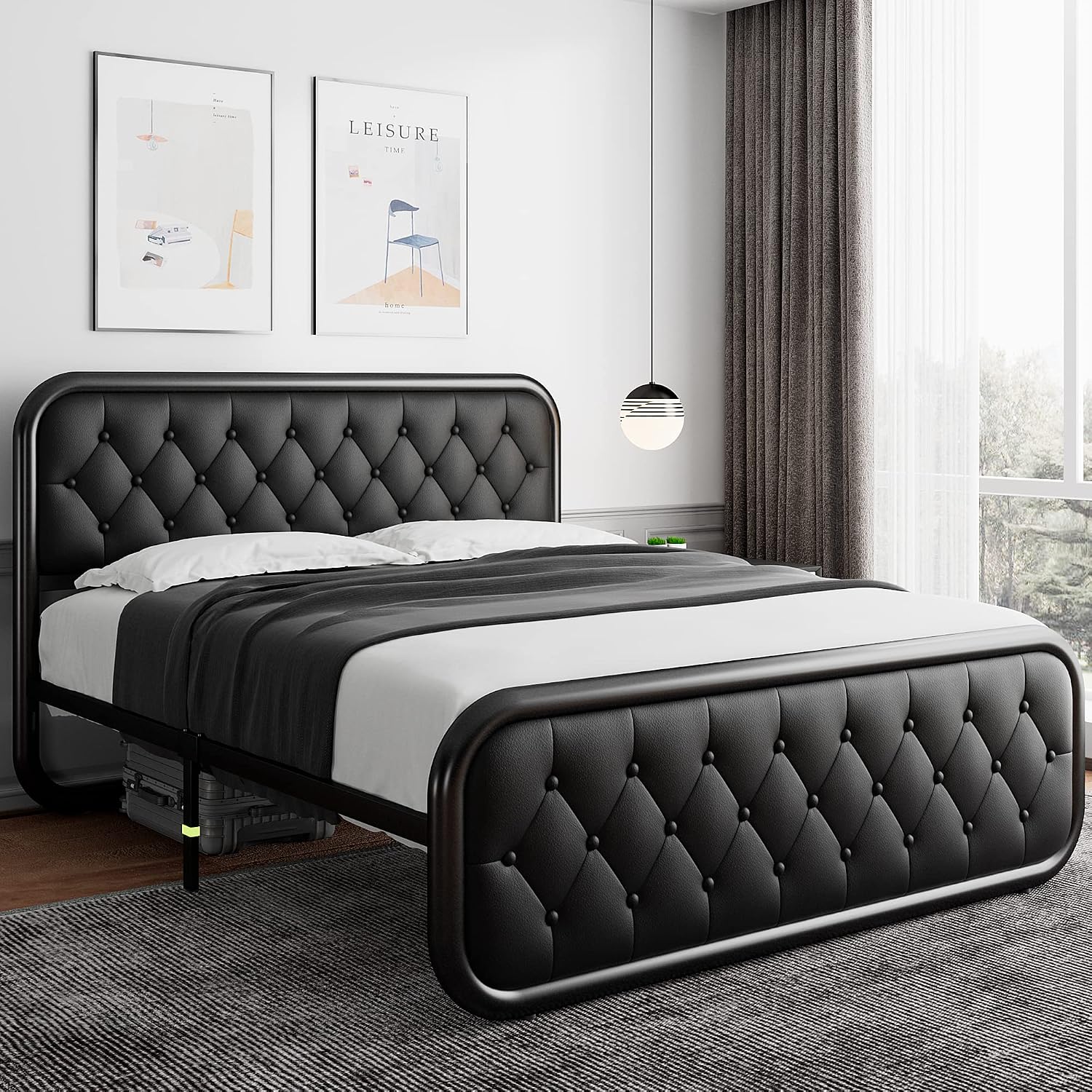iPormis Full Size Metal Bed Frame with Leather Headboard, Heavy-Duty Platform Bed Frame, Thicker Metal Steel Slats Support, 12'' Under-Bed Space, Noise-Free, Easy Assembly, Black
