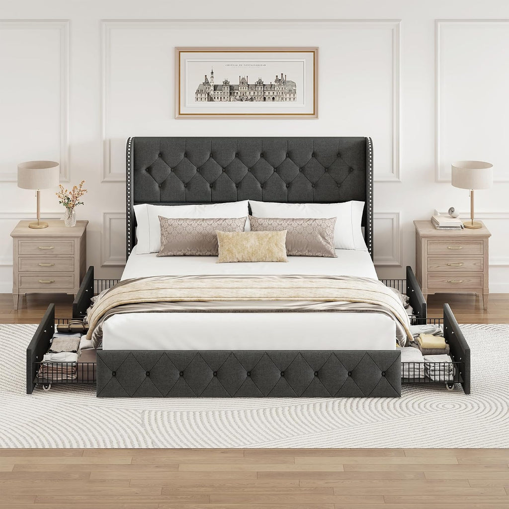BRELTAM King Size Bed Frame with Storage Drawers and Wingback Headboard Linen Upholstered Platform Bed Frame Tufted Beds with Heavy Duty Wood Slats, Noise Free, Easy Assembly, Dark Grey
