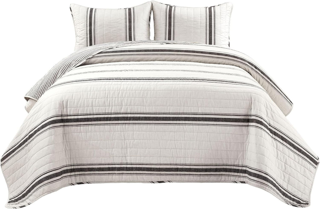 Lush Decor Farmhouse Stripe Reversible Cotton Quilt California King Size 3 Piece Set Black - Farmhouse Bedding Set - Cal King Quilt - Striped Bedding