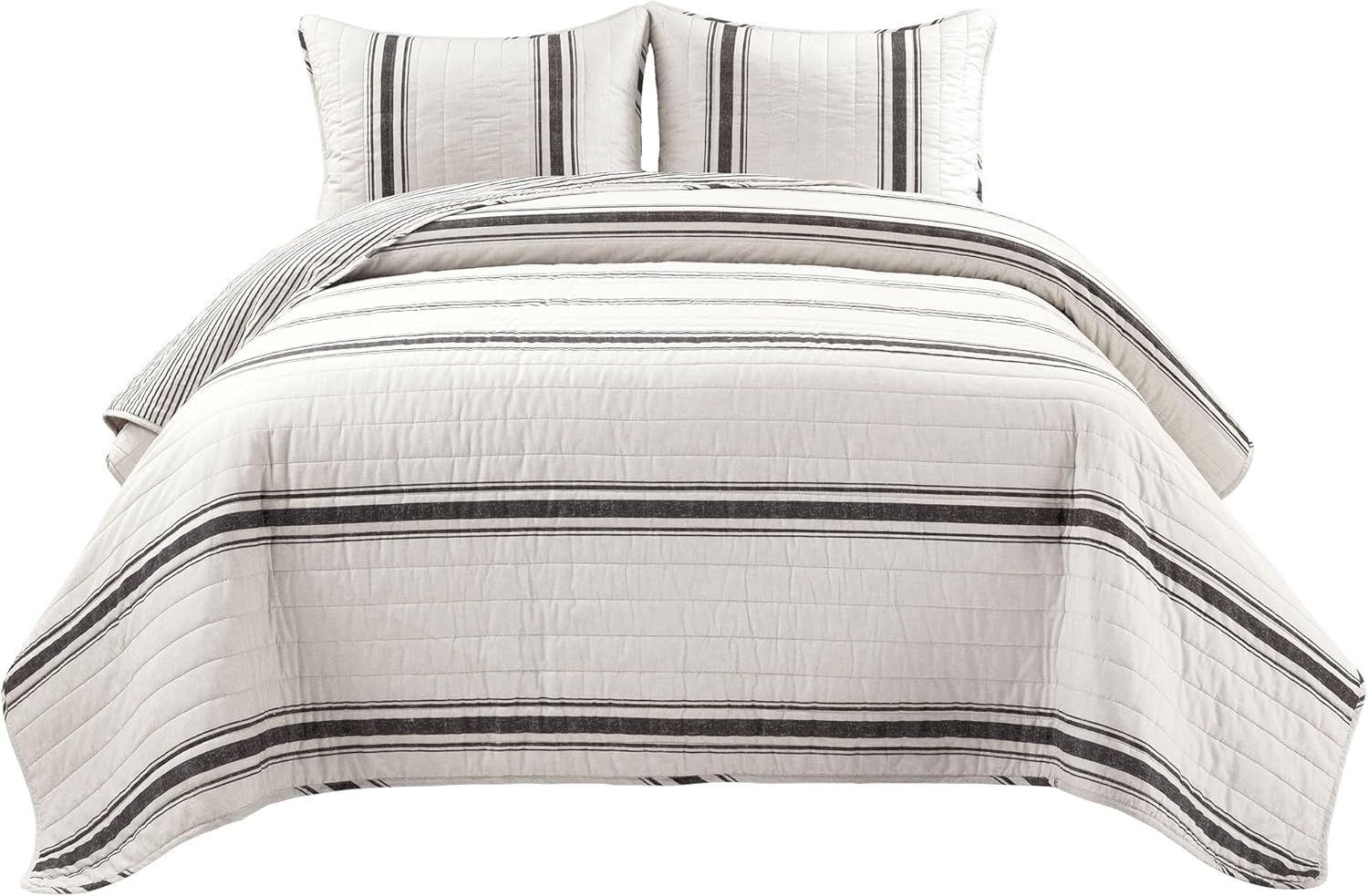 Lush Decor Farmhouse Stripe Reversible Cotton Quilt California King Size 3 Piece Set Black - Farmhouse Bedding Set - Cal King Quilt - Striped Bedding
