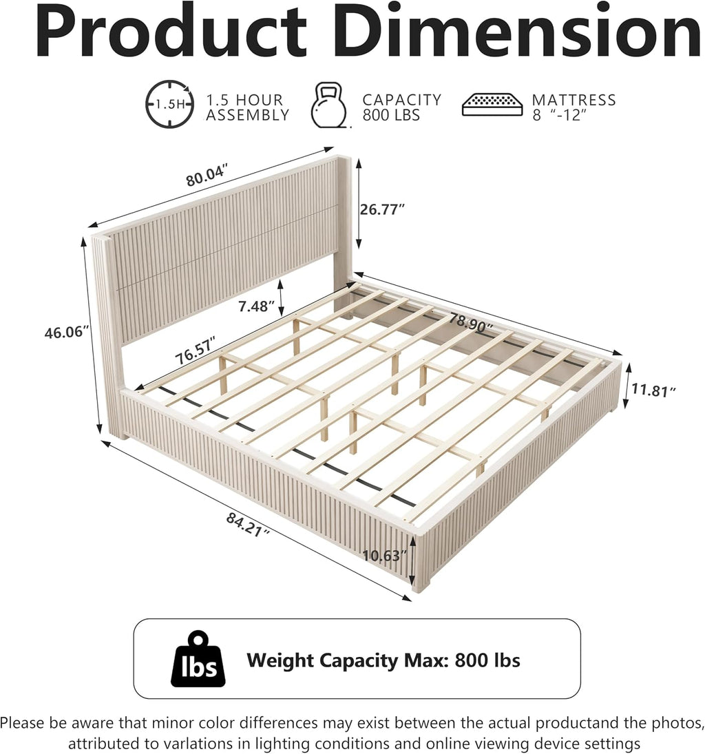 King Size Solid Wood Platform Bed Frame with wingback Headboard, Wood Platform Bed Frame Low Profile with 80.04' Headboard, Solid Wood Leg/No Box Spring Needed/Noise Free/Beige