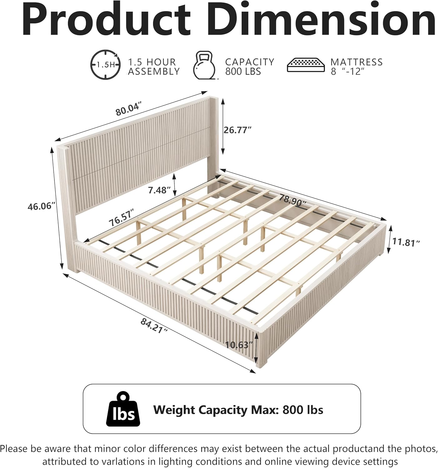 King Size Solid Wood Platform Bed Frame with wingback Headboard, Wood Platform Bed Frame Low Profile with 80.04' Headboard, Solid Wood Leg/No Box Spring Needed/Noise Free/Beige