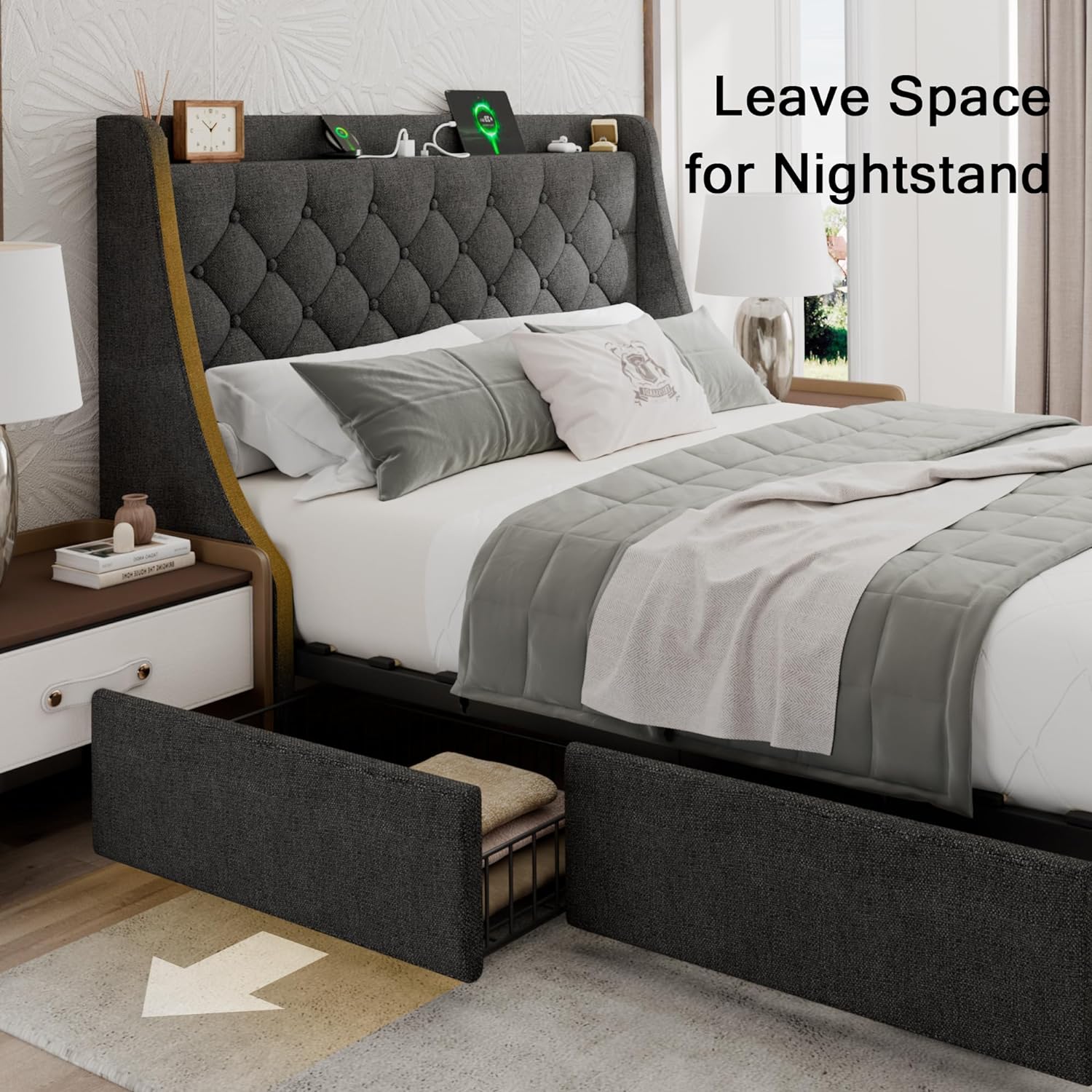 Einhomn Full Size Bed Frame with 4 Storage Drawers, Upholstered Bed Frame with Large Wingback Headboard, Charging Station, No Box Spring Needed, Dark Grey