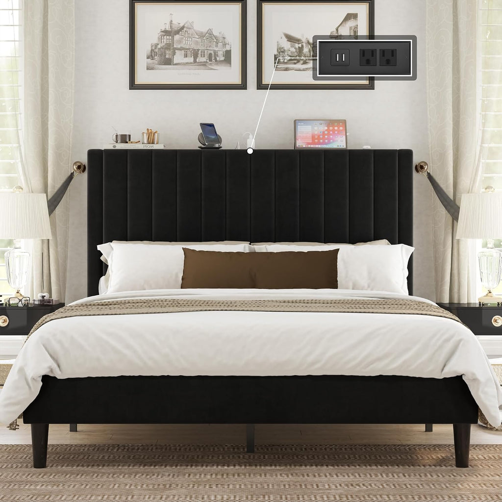 VanAcc Queen Size Bed Frame, Velvet Upholstered Platform Bed with Channel Tufted Headboard, Mattress Foundation with Wood Slats, No Box Spring Needed, Noise Free, Black