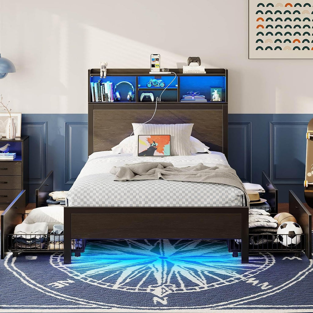 Rolanstar Twin Bed Frame with Storage Headboard & 4 Drawers, Metal Platform Bed with Charging Station, LED Single Bed with Side Shelf, No Box Spring Needed, Easy Assembly, Black