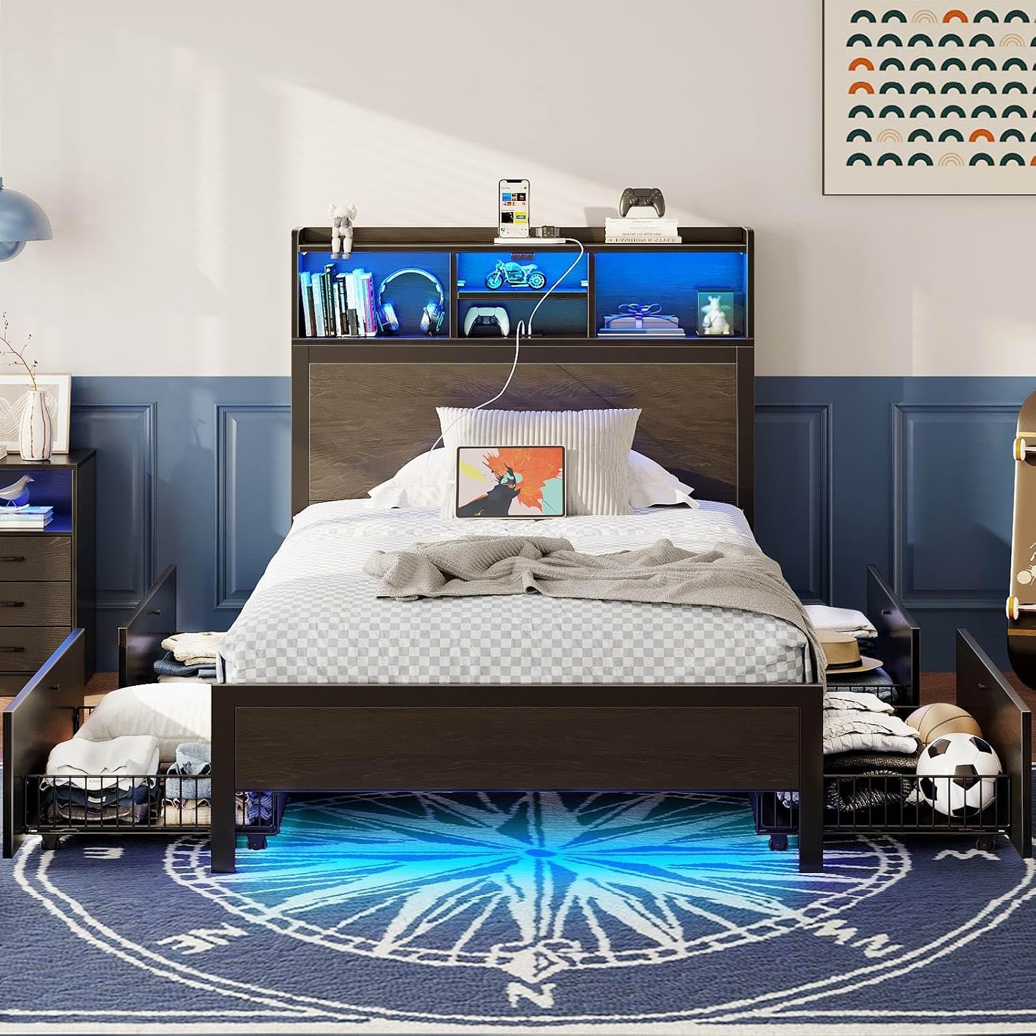 Rolanstar Twin Bed Frame with Storage Headboard & 4 Drawers, Metal Platform Bed with Charging Station, LED Single Bed with Side Shelf, No Box Spring Needed, Easy Assembly, Black