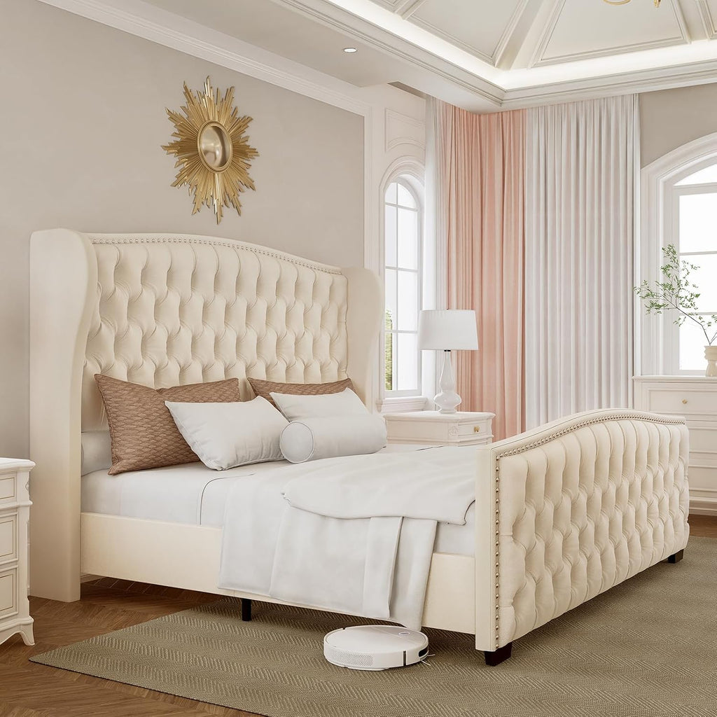 LUXOAK King Platform Bed Frame with Wingback Headboard, Velvet Upholstered Bed Frame with Handmade Button Tufted & Nailhead, Wooden Slats Support, Cream