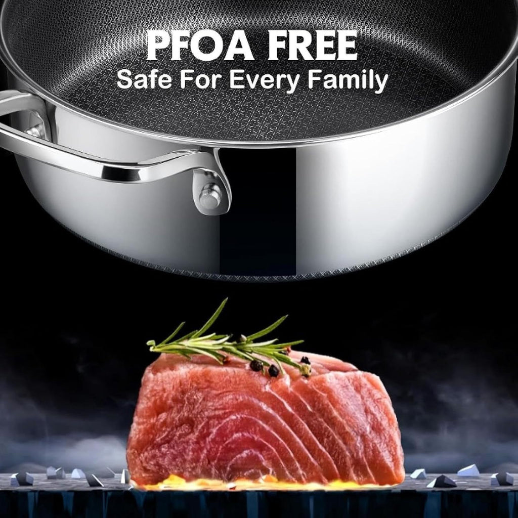 Frying Pans Nonstick with Lid,hybrid Non Stick 5 Quart Saute Pan,pfoa Free Cookware,stainless Steel Skillet,12 Inch Deep(5 QT/Double Helper Handle)