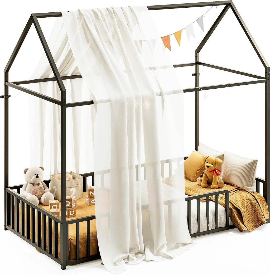 LIKIMIO Twin Floor Bed Frame with Roof & Fence Guardrails Metal House Bed for Bedroom, Easy Assemble, No Box Spring Needed, Black