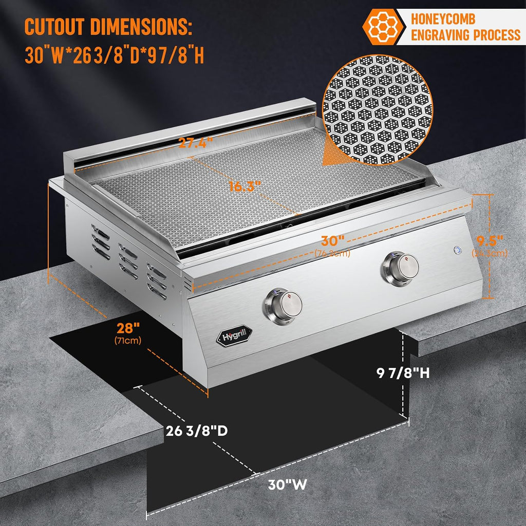 Hygrill 30-Inch Premium Built-In Natural Gas Griddle for Outdoor Kitchen, Durable 304 Stainless Steel 2-Burner Flat Top Grill with Lid and LED lights