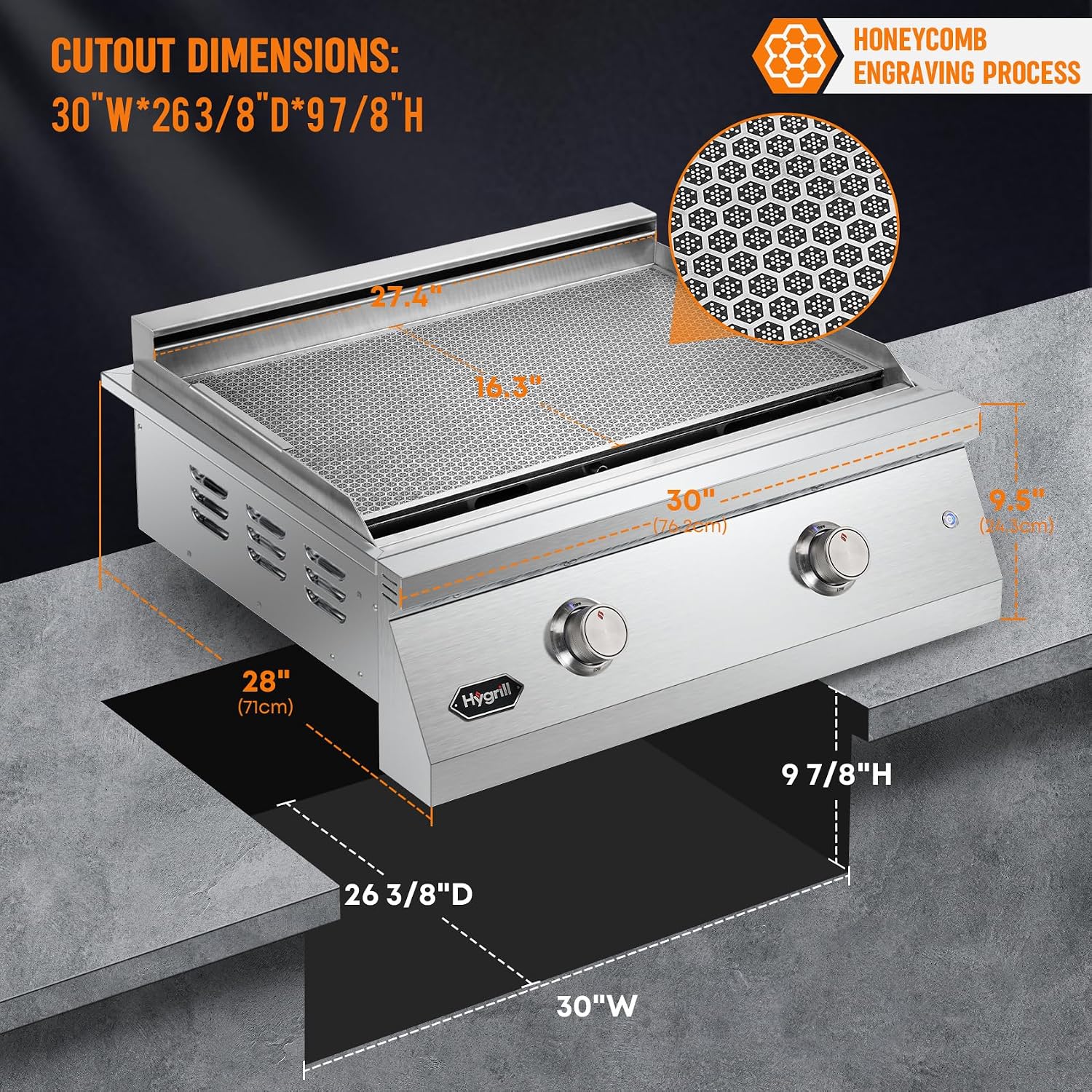 Hygrill 30-Inch Premium Built-In Natural Gas Griddle for Outdoor Kitchen, Durable 304 Stainless Steel 2-Burner Flat Top Grill with Lid and LED lights
