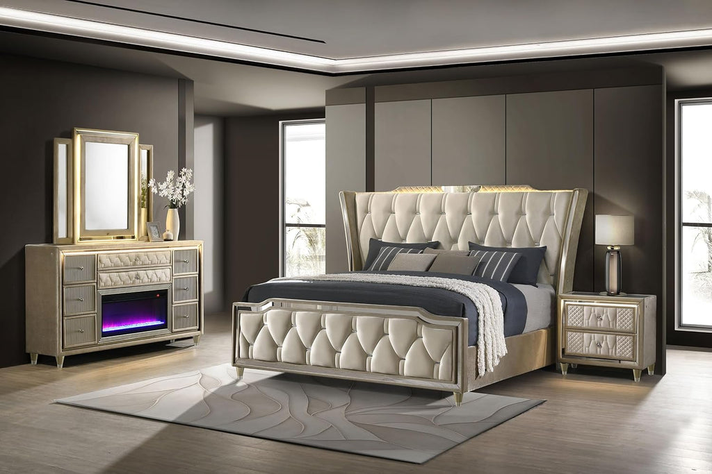 Coaster Home Furnishings - Lorient - Wood - 4-Piece Bedroom Set with Tufted LED Wingback Bed, USB Port, Traditional Style and Flame Visualizer - Bedroom - Queen Size - Ivory and Camel - 222661Q-S4B