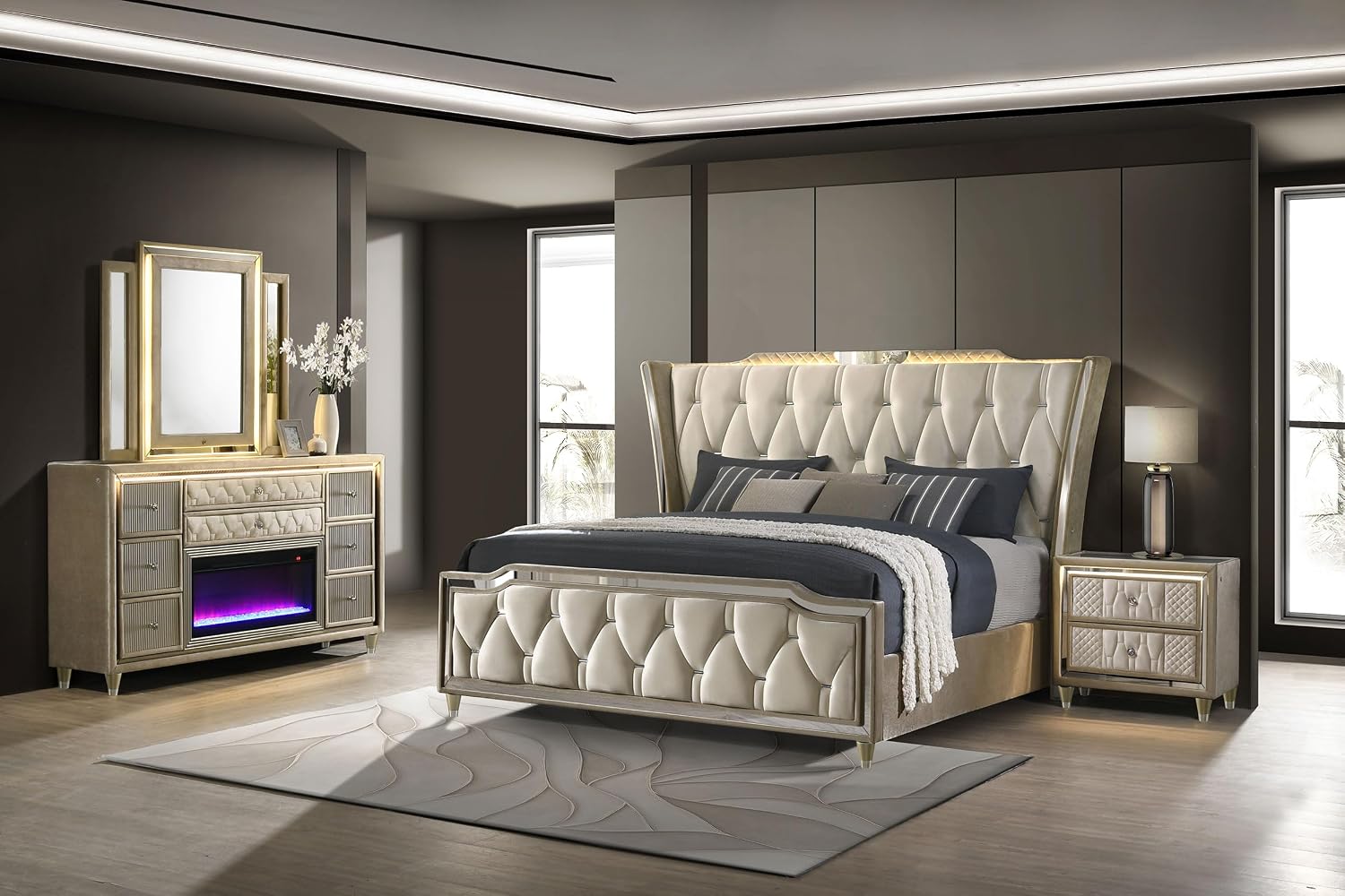 Coaster Home Furnishings - Lorient - Wood - 4-Piece Bedroom Set with Tufted LED Wingback Bed, USB Port, Traditional Style and Flame Visualizer - Bedroom - Queen Size - Ivory and Camel - 222661Q-S4B