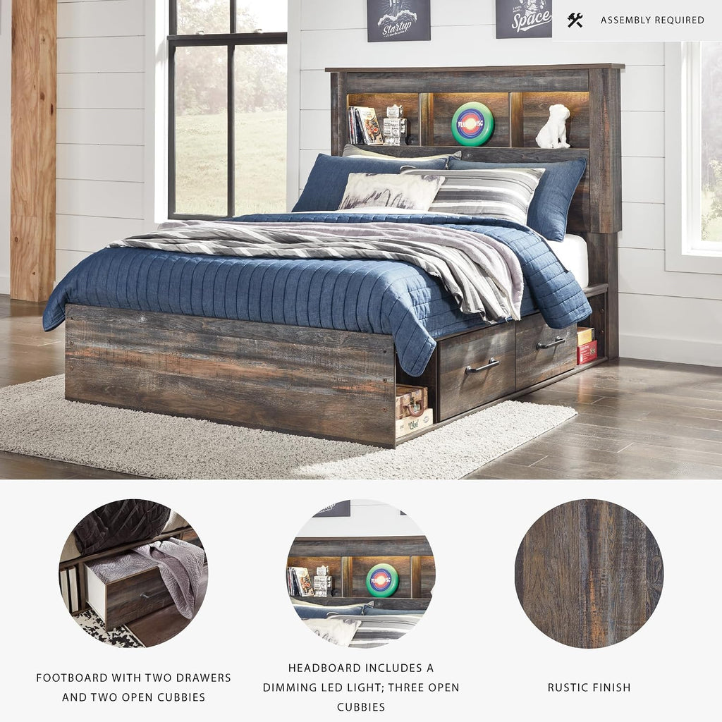 Signature Design by Ashley Drystan Rustic Full Bookcase Bed with 2 Storage Drawers, Open Cubbies and LED Light, Foundation or Box Spring Not Needed, Dark Brown & Gray