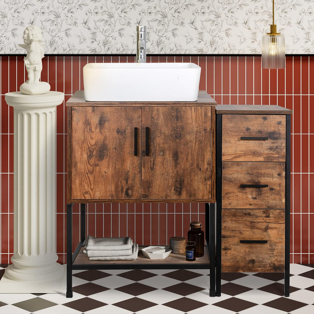 UEV 36' Antique Bathroom Vanity, Dark Brown Bathroom Vanity Set with Sink and 3 Drawers Side Cabinet Combo, Iron Wood Bathroom Cabinet with Adjustable Water Temperature Faucet (T03)