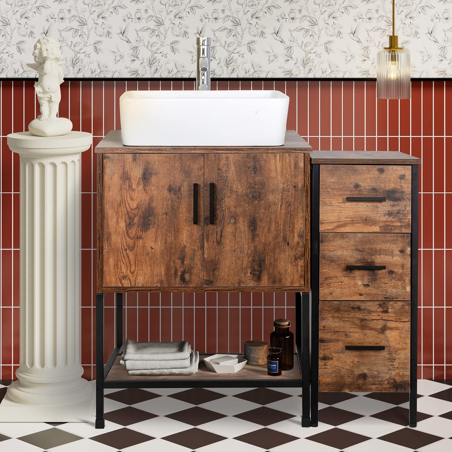UEV 36' Antique Bathroom Vanity, Dark Brown Bathroom Vanity Set with Sink and 3 Drawers Side Cabinet Combo, Iron Wood Bathroom Cabinet with Adjustable Water Temperature Faucet (T03)