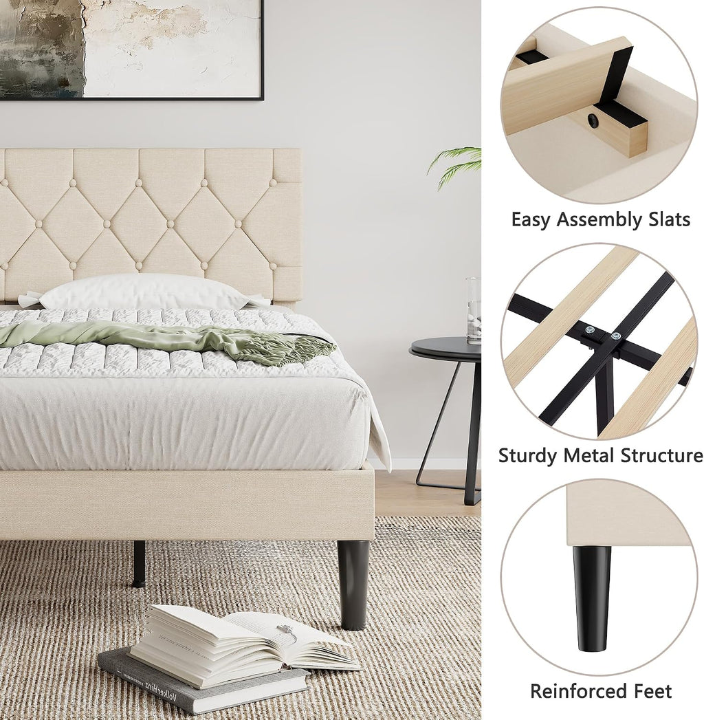 VECELO Twin Size Bed Frame with Button Tufted Headboard, Upholstered Platform Bedframe with Wood Slat Support, No Box Spring Needed, Dark Beige