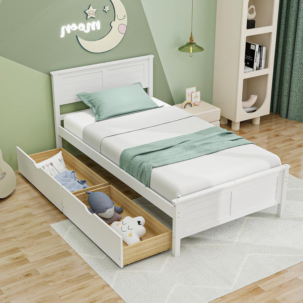 Giantex Wood Twin Bed with 2 Storage Drawers, Solid Wood Platform Bed with Headboard, Wooden Slats Support Mattress Foundation, No Spring Needed, Twin Bed Frame for Kids, Teens, Adults, White