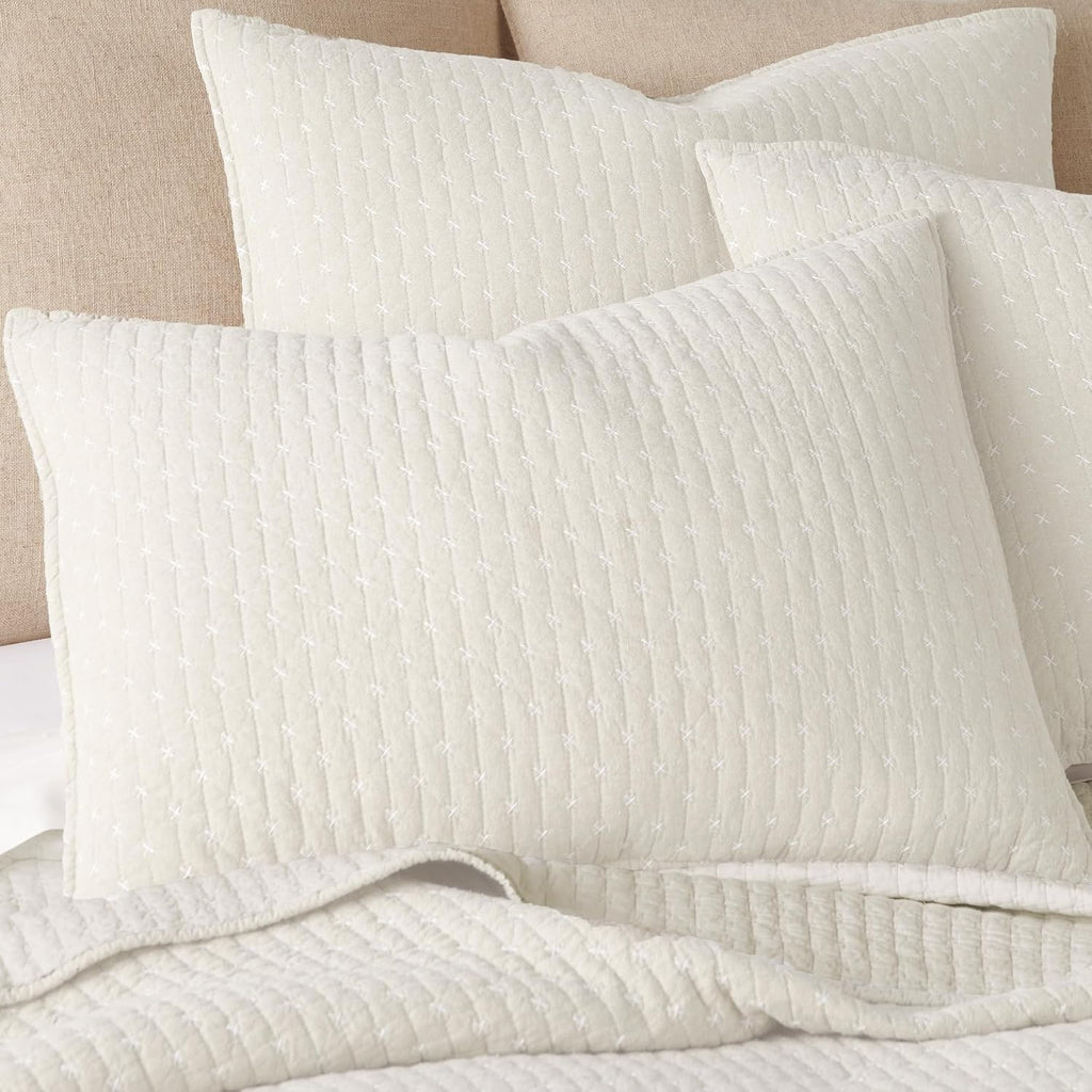 Levtex Home - Cross Stitch Quilt Set - 100% Cotton - King Quilt (106x92in.) + 2 King Shams (36x20in.) - Cream