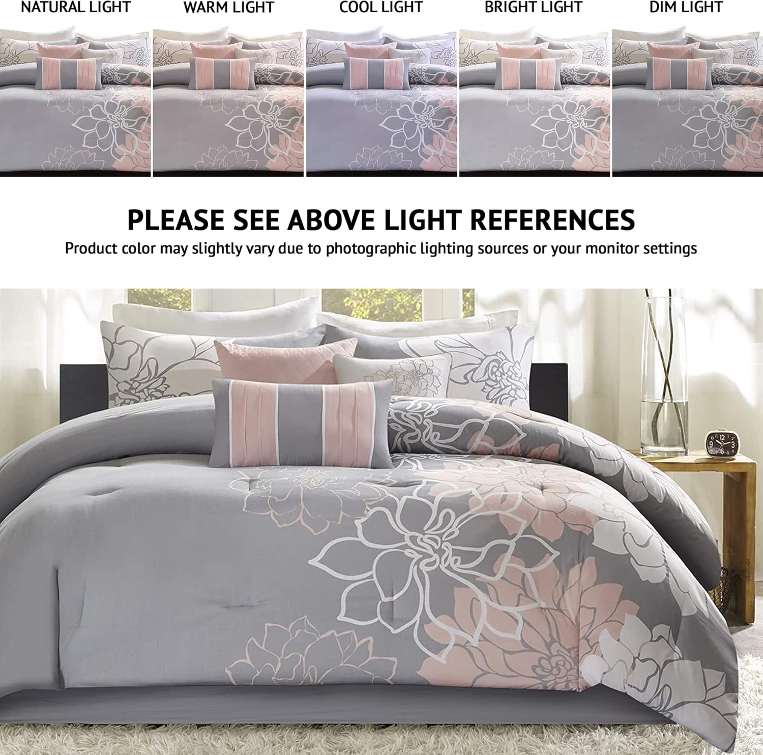 Madison Park Sateen Cotton Comforter Set, Breathable, Soft Cover, Modern Print, All Season Down Alternative Cozy Bedding with Matching Shams, Floral Taupe Grey/Peach, King 7 Piece