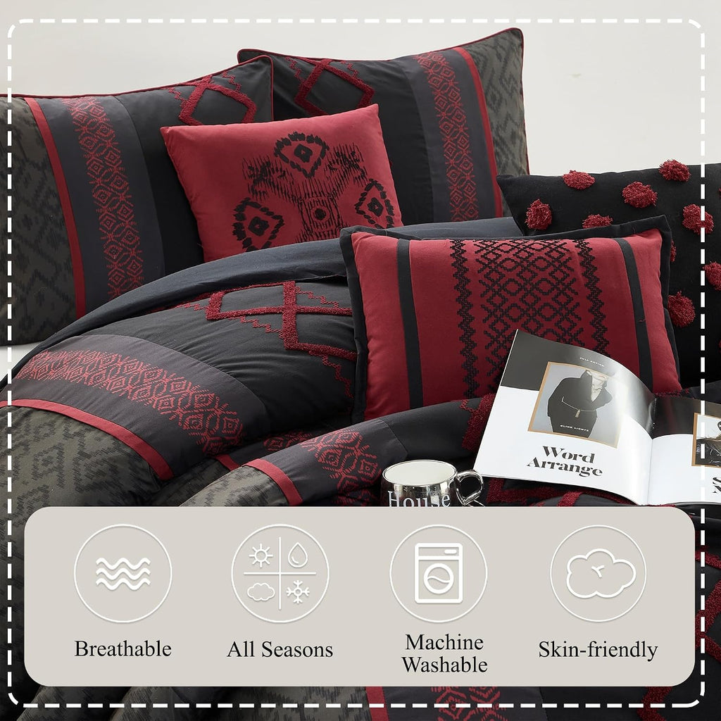 Stratford Park Luxury 7 Piece Cozy Comforter Set, King Size, Black and Red, Embroidered Bedding Sets, Premium Microfiber, All Season Home Décor