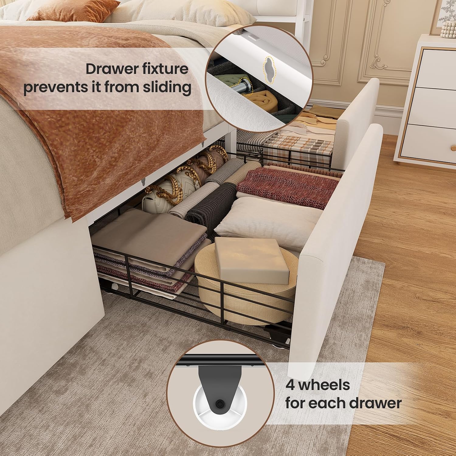 BTHFST Queen Size Bed Frame with 6 Storage Drawers and Headboard, Velvet Upholstered Queen Platform Bed with LED Lights & Charging Station, No Noise, No Box Spring Needed, Easy Assembly, Beige