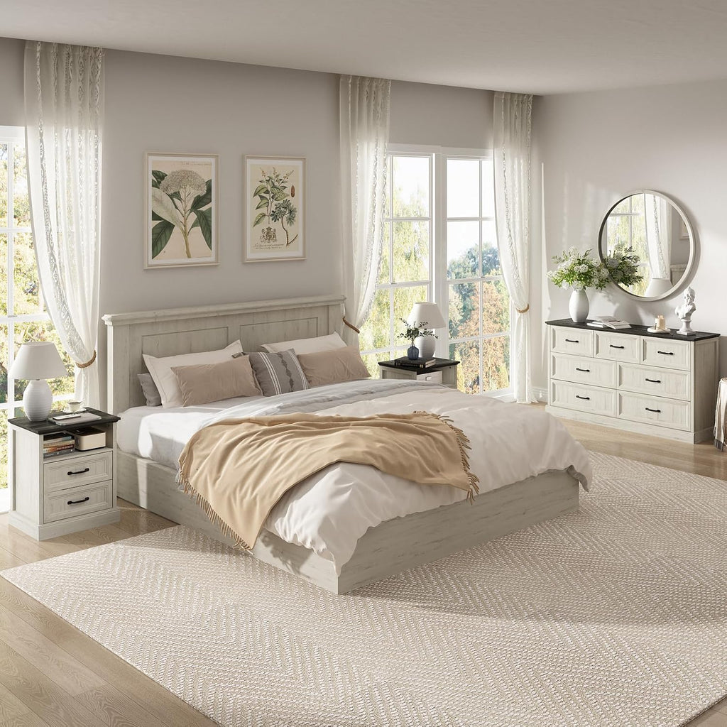 CARPETNAL Farmhouse Dresser and Nightstand Sets for Bedroom, 3 Pcs Bedroom Set, 7 Drawer Dresser & Nightstand Set of 2, Modern Wood Chest of Drawers for Bedroom, Living Room, Entryway, White