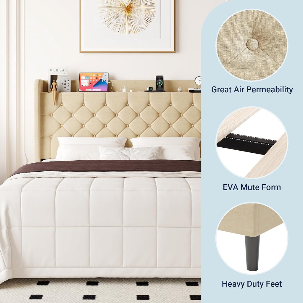 Allewie Full Size Bed Frame, Storage Headboard with Charging Station, Wingback Linen Upholstered, Diamond Stitched Button Tufted, Sturdy Wooden Slats, No Box Spring Needed, Easy Assembly, Beige