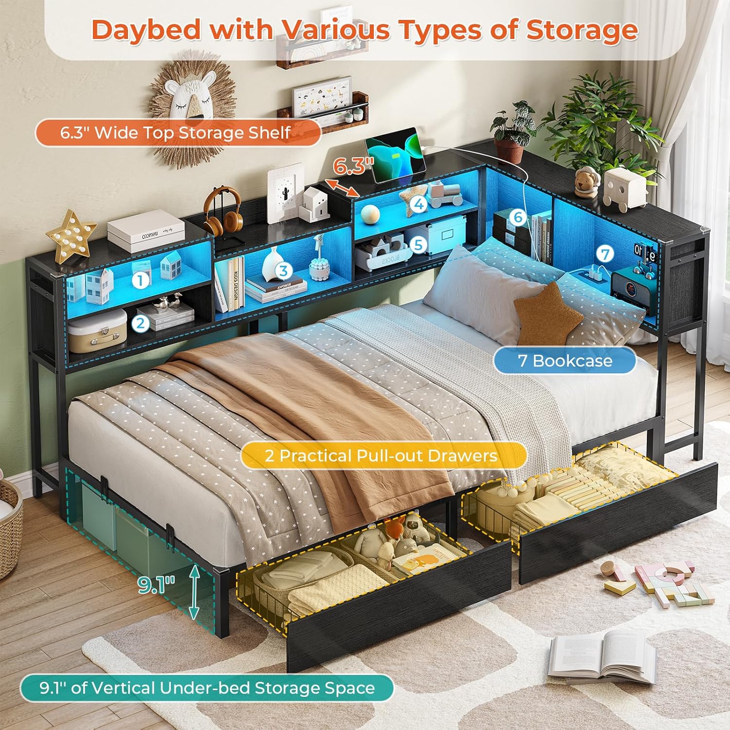 DICTAC Twin XL Corner Bed Frame with Bookcase Storage and Led Lights Metal Platform Bed Frame with 2 Drawers & Charging Station Twin XL Daybed for Kids/Teen with Storage,Kids Corner Bed Frame,Black