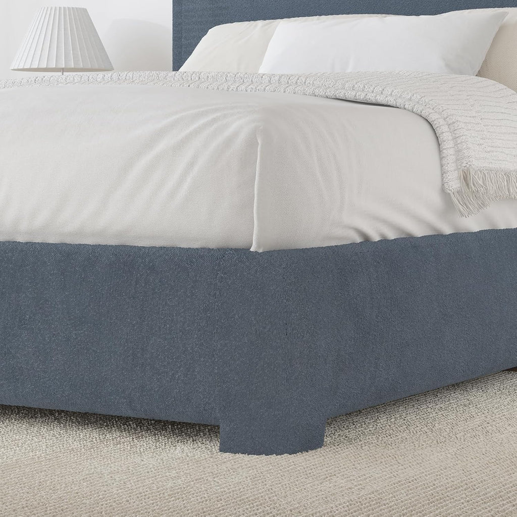 BarnFurin Boucle Upholstered Bed Frame King Size/Cloud Bed Frame/Soft Rounded Corners Headboard/Low Profile/No Box Spring Needed/Non-Slip and Noise-Free/Blue