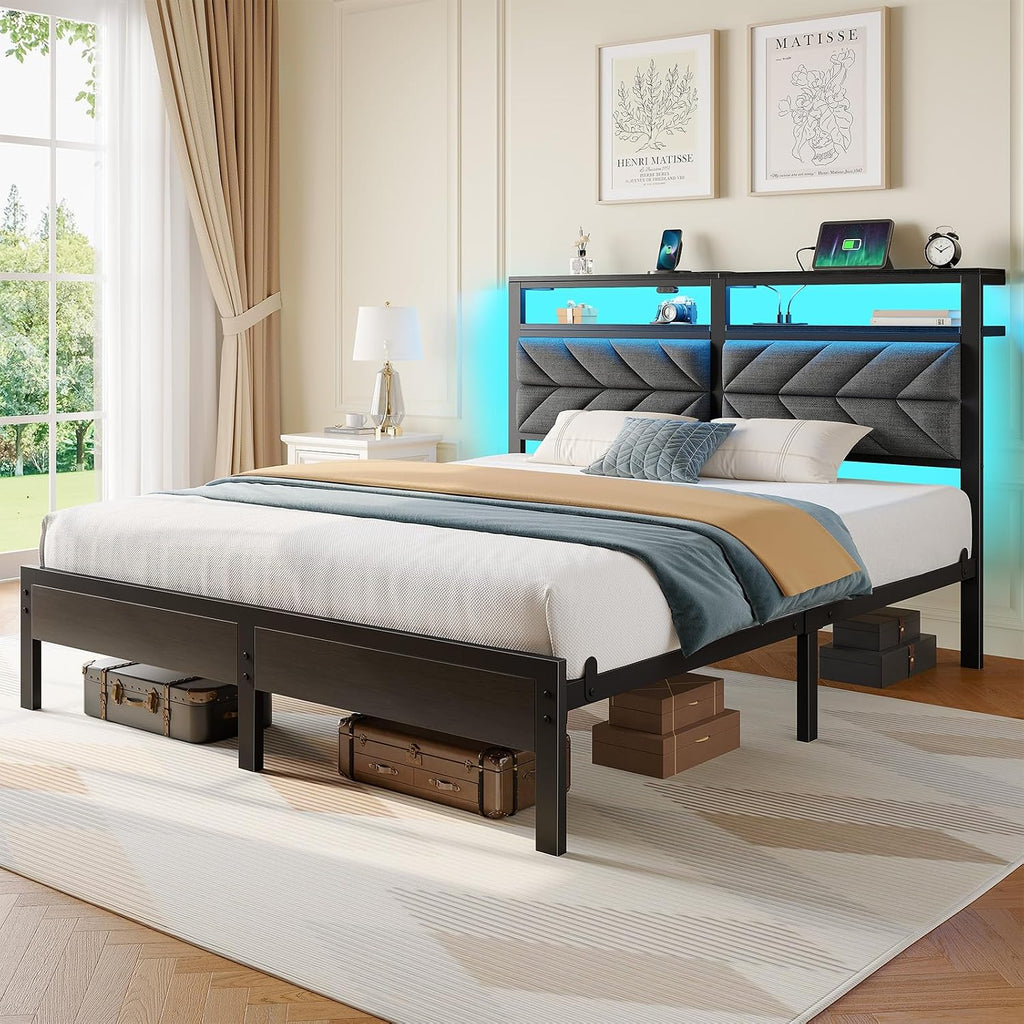 Seventable Bed Frame Queen Size with Charging Station, LED Bed with Upholstered Storage Headboard, Metal Platform Bed with Under Bed Storage, No Box Spring Needed, Noise Free, Easy Assembly, Grey