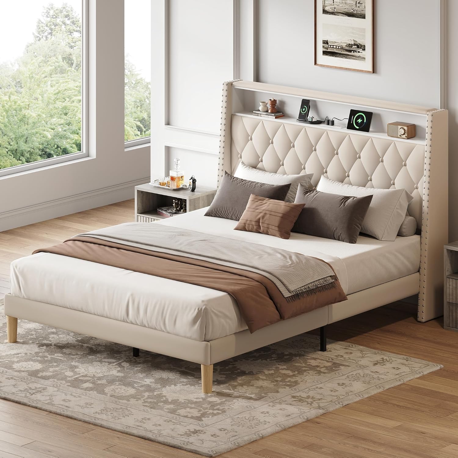 WLIVE Queen Size Upholstered Bed Frame with 48'' Tall Wingback Headboard, Velvet Square Tufted Platform Beds with Charging Station, Sturdy Metal & Wooden Slats Support, Beige
