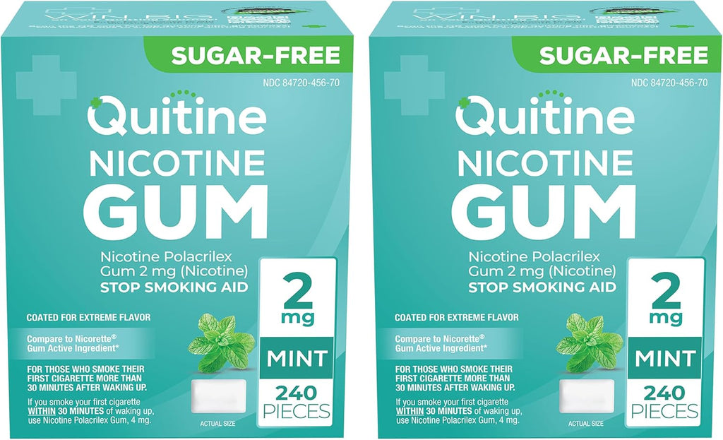 Quitine Nicotine Gum 2mg, Mint Flavor, Stop Smoking Aid – Affordable NRT to Relieve Cravings | Coated for Quick-Burst Flavor, 480 Count (Pack of 2), Traditional Gum to Support Your Quit Journey