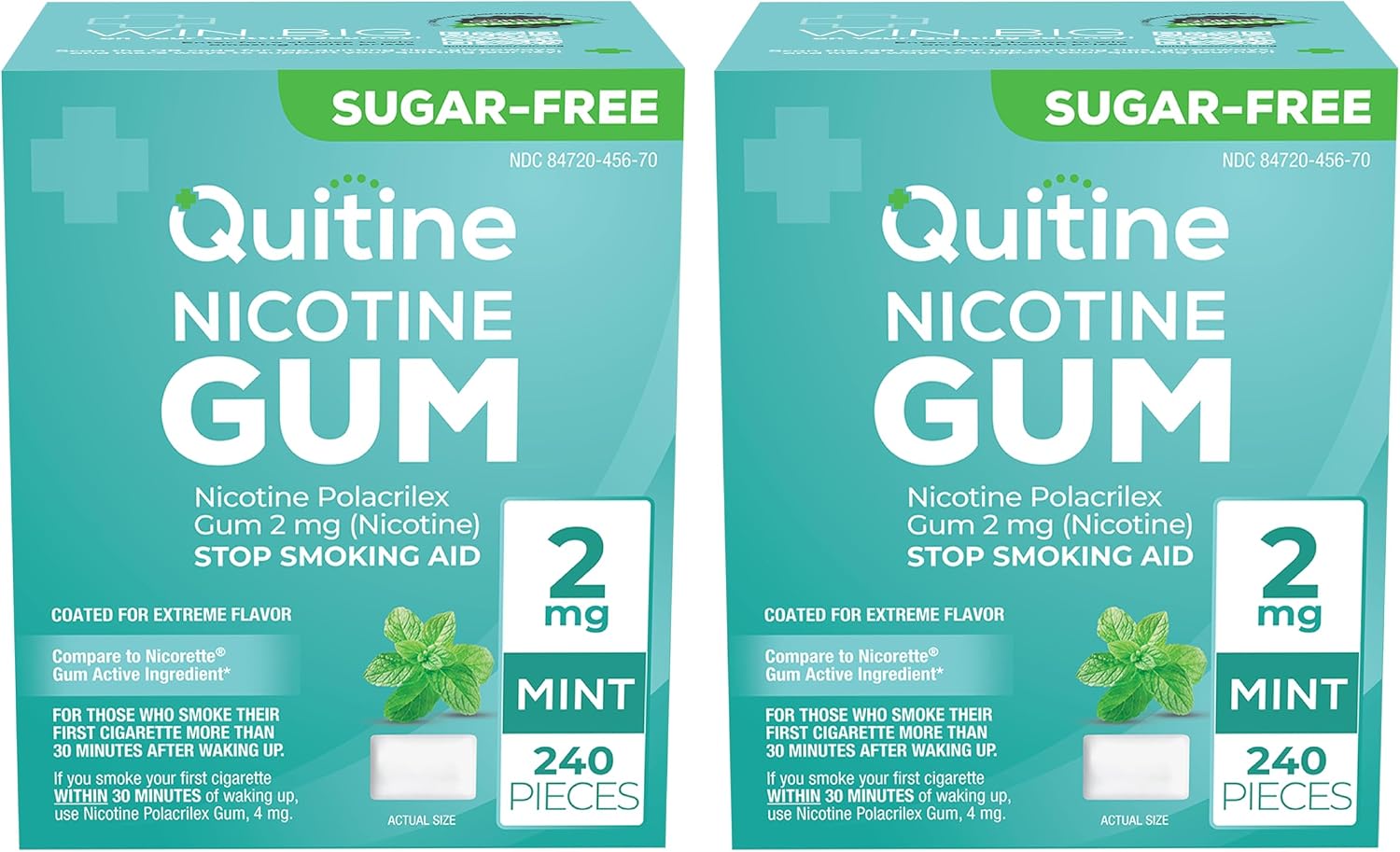 Quitine Nicotine Gum 2mg, Mint Flavor, Stop Smoking Aid – Affordable NRT to Relieve Cravings | Coated for Quick-Burst Flavor, 480 Count (Pack of 2), Traditional Gum to Support Your Quit Journey