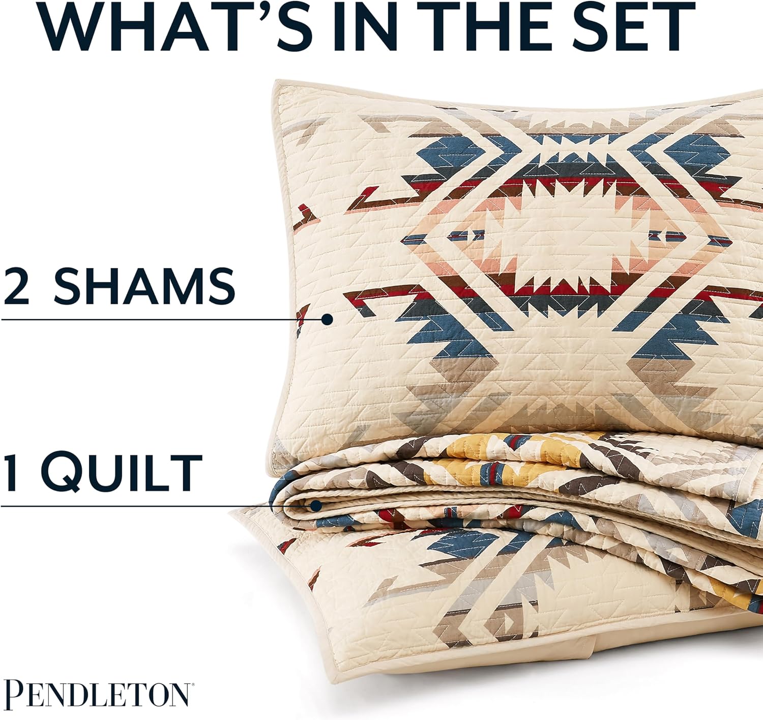 Pendleton White Sands King Quilt Bedding Set with 2 Pillow Shams, Premium Cotton Quilt, Lightweight Quilted Coverlet or Bedspread, Southwestern Bedding, Machine Washable, King, White Diamond Print